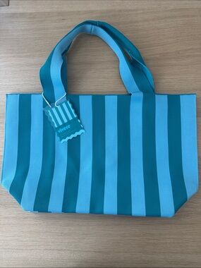 VIVERE Striped Aqua Canvas Knit Shopping Bag / Tote